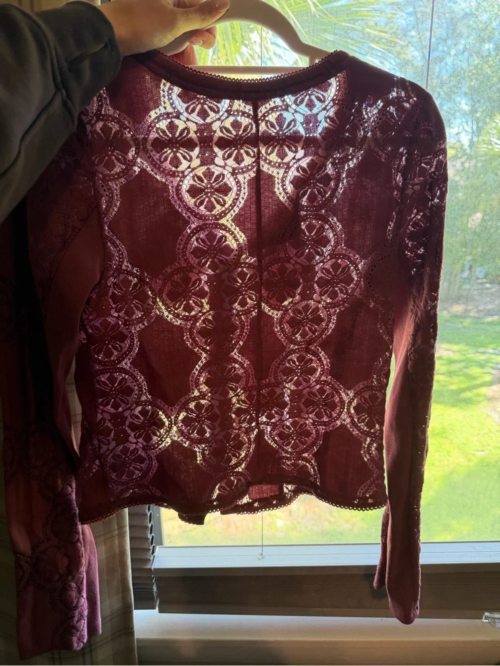 Free People Jae Sheer Lace Knit Long Sleeve Top, M in Crushed Berry